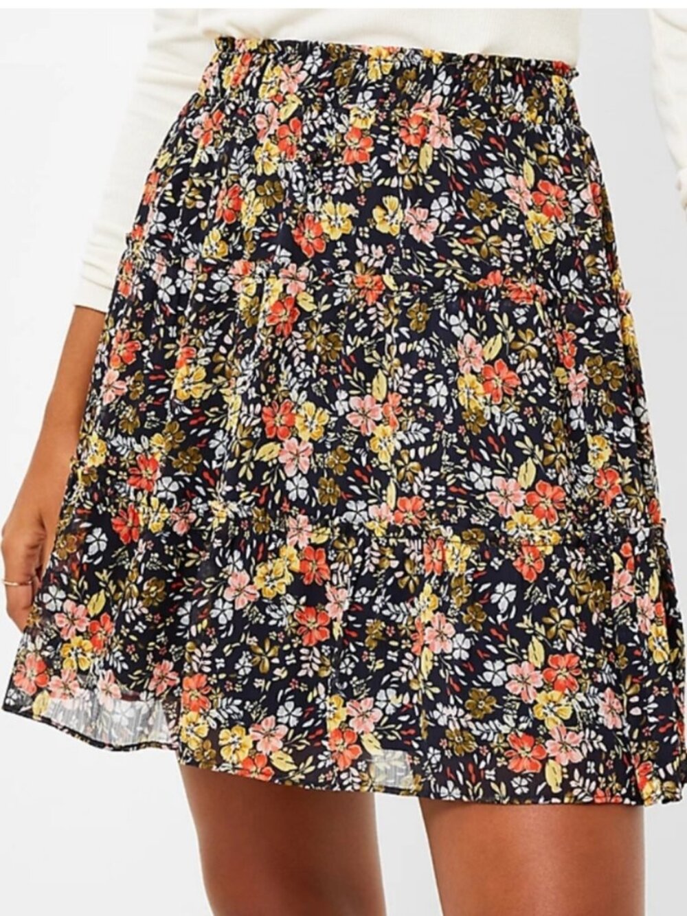 LOFT Floral Tiered Ruffled Pull on Skirt Size Petite Large NWT